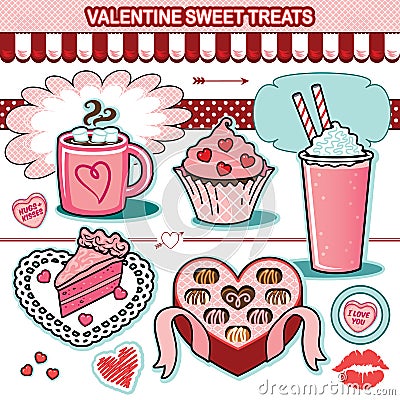 Valentine sweet treats illustration collection chocolates cupcake candy hearts cake Vector Illustration