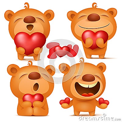 Valentine teddy bear emoji cartoon characters set with hearts Cartoon Illustration