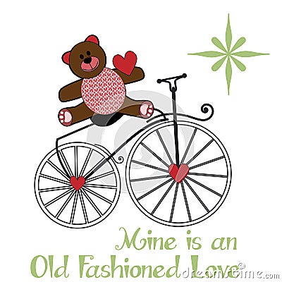 Valentine teddybear sitting on an old fashion bike Vector Illustration