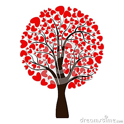 Valentine tree, love, leaf from hearts. Tree with roots. Isolated on white background. Vector Illustration Vector Illustration