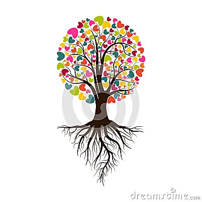 Valentine tree, love, leaf from hearts. Tree with roots. Isolated on white background. Vector Illustration Vector Illustration