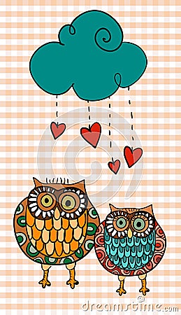 Valentine two owls under love rain Vector Illustration