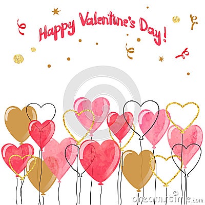 Valentine watercolor hearts balloons border. Vector Illustration