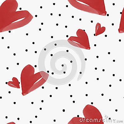 Valentine Watercolor Red Hearts and polka dots Brush strokes Seamless Pattern Stock Photo