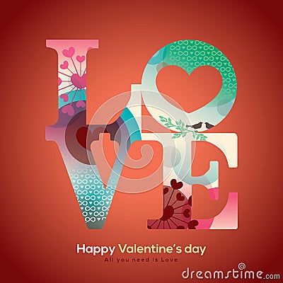 Valentine and wedding LOVE word with collage graphic Vector Illustration