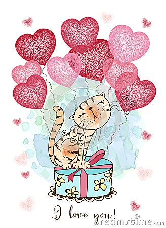 A Valentine& x27;s day card. Cute cat with balloons in the form of hearts and a gift. Vector Vector Illustration