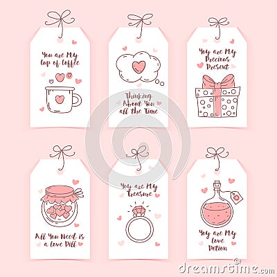 Valentine's day label collection with lettering, pastel colors on whine background Stock Photo