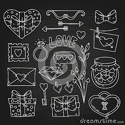 Valentine's day outline stroke elements, hand drawn doodle sketch, holiday collection on blackboard Stock Photo