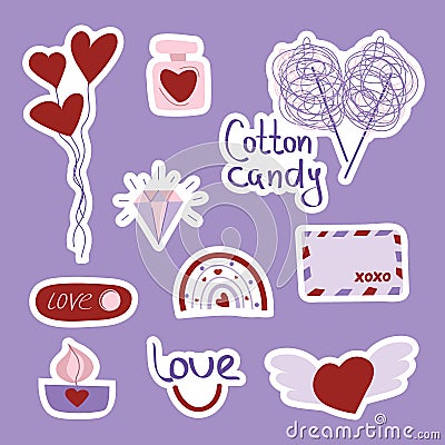 Valentine's day set of stickers with balloon, perfume, cotton candy, letter, scented candle, diamond and rainbow. Vector Vector Illustration