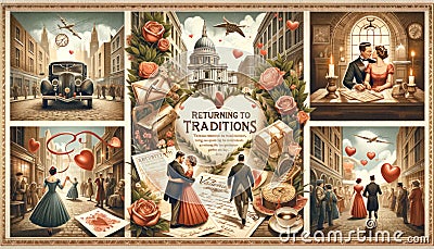 Valentine& x27;s greetings card in retro style with lovers couple. Vintage style. Valentine& x27;s day Stock Photo
