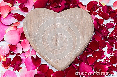 Valentines Background, wooden heart, roses petals, Valentine day love Stock Photo