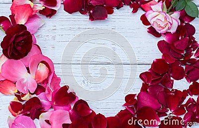 Valentines Background, wooden heart, roses petals, Valentine day love Stock Photo