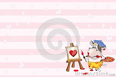 Valentines card with a Cute Cow Painter illustration Vector Illustration