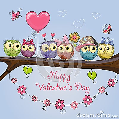 Valentines card with cute Owls Vector Illustration