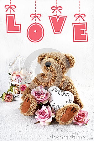 Valentines card with cute teddy bear with roses and a heart sitting on white background Stock Photo