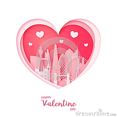 Valentines card. Paper cut heart and the city London. Vector Illustration