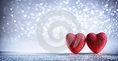 Valentines Card - Two Shiny Hearts Stock Photo