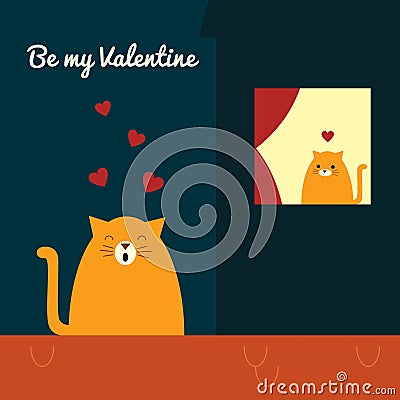 Valentines cat roof serenade Vector Illustration