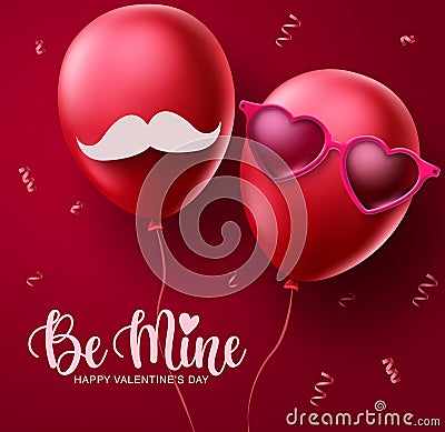 Valentines couple balloons vector concept design. Happy valentines be mine text Vector Illustration