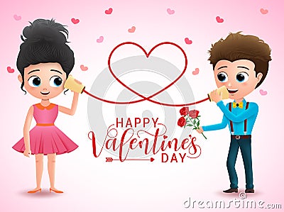 Valentines couple character vector design. Happy valentines day greeting typography with couple cartoon characters. Vector Illustration