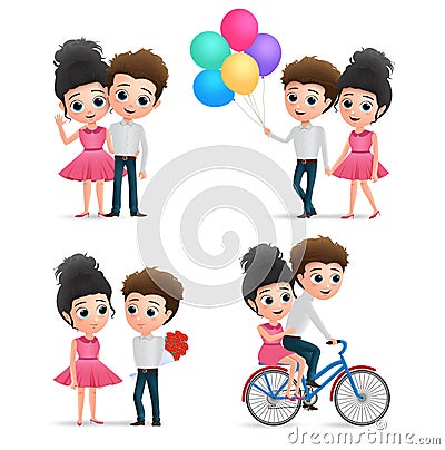 Valentines couple dating character vector set. Female and male lovers valentine character in walking, bike riding, surprising. Vector Illustration