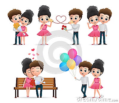 Valentines couple vector characters set. Valentine lovers characters in love dating in kissing, hugging, calling, waving. Vector Illustration