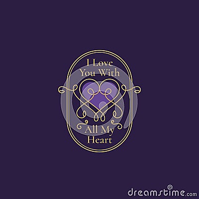 Valentines Day Abstract Curly Heart Label with Retro Oval Frame and Vintage Typography. Classy Purple Color Greeting Vector Illustration