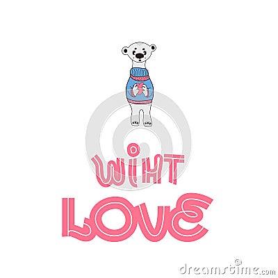 Valentines Day background with cute polar bear with heart Vector Illustration