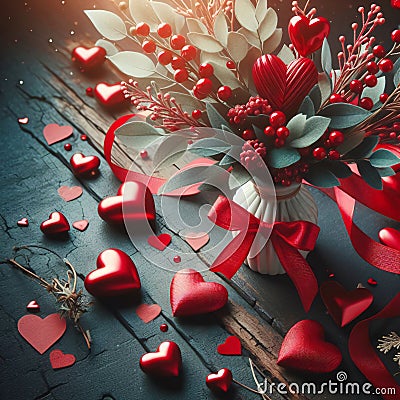 Valentines Day Background Graced by an Array of Elegant Red Hearts. Generative ai for illustrations Cartoon Illustration