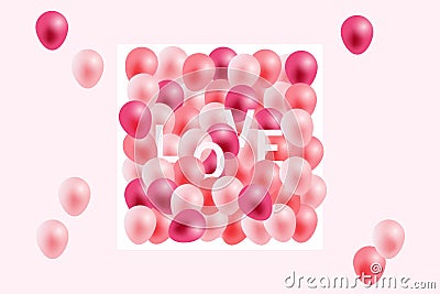 Valentines day background, greeting in white paper and pink ribbon with flying realistic balloons. Vector illustration, pink Vector Illustration