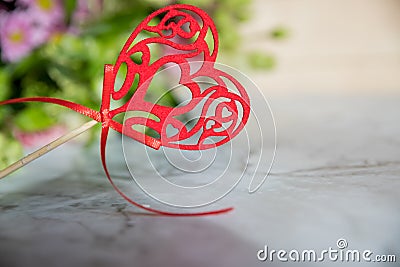 Valentines day background or happy mothers day. Romantic layout. Red heart and flowers on white marble background.Copy Stock Photo