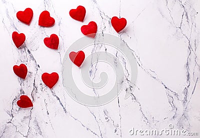 Valentines day background . Romantic layout. Red hearts on white marble background. Stock Photo