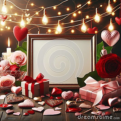 Valentines day background with roses, hearts and gift, frame text. Stock Photo
