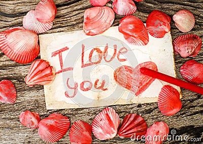 Valentines Day background with seashells and message I Love You Stock Photo