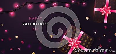 Valentines Day background. Top view composition with gift box, garland string and colorful confetti. Vector illustration for websi Cartoon Illustration