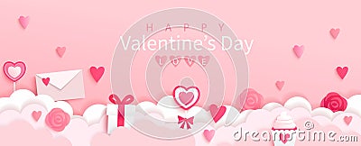 Valentines day banner with symbols of holiday. Vector Illustration