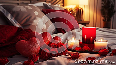 valentines day bedroom concept with red roses and candles Stock Photo