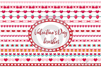Valentines Day borders set. Cute heart, flowers ornament. Isolated on white background. Vector Illustration
