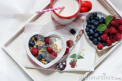 Valentines day breakfast fruits and coffee Stock Photo