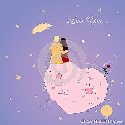 Valentines day card with couple looking at the falling star Vector Illustration