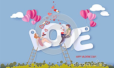 Valentines day card with couple in love heart Vector Illustration