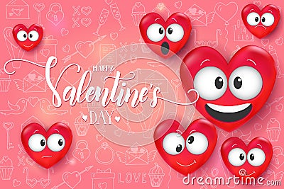 Valentines day card with 3d Love Emoji on pink background. Happy Valentine's Day - handwritten lettering Vector Illustration