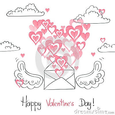 Valentines day card design. Flying envelope Vector Illustration