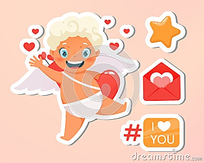 Greeting card. Holiday, event, festive letter. Beautiful happy cupid flying in clouds. Blonde angel waving. I love you Vector Illustration