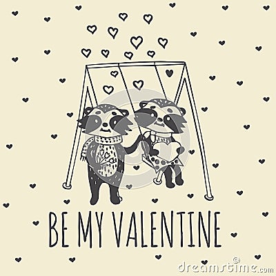 Valentines Day card with illustrated raccoon couple on swing Stock Photo