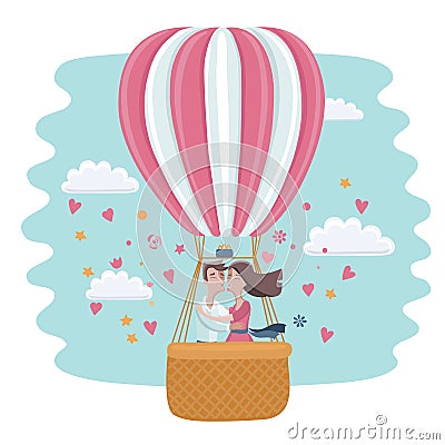 Valentines day card. Love kissing couple in a hot-air balloon Vector Illustration