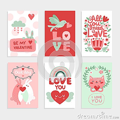 Valentines day card. Love pink design with heart, cute bird and happy rabbits, cat and romantic lettering vector Vector Illustration