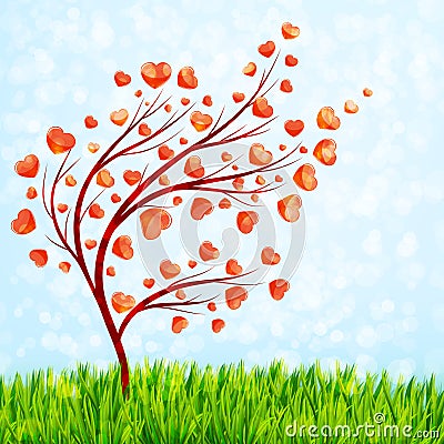 Valentines Day card with love tree and green grass Vector Illustration