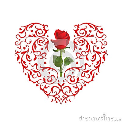 Valentines Day card with red rose and heart Vector Illustration