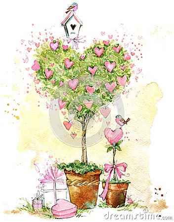 Valentines day card. Valentines love Tree. Cartoon Illustration